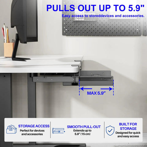 Sliding Under Desk Laptop Mount No Drill Setup With Slick Metal Storage Shelf For Grab And Go Access And Hidden Workspace Saver showing smooth pull-out feature up to 5.9 inches.