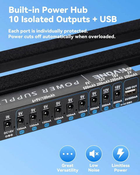 Close-up of Guitar Pedal Board With Power Supply 10 Isolated Outputs Aluminum Alloy Portable Pedal Board power hub.