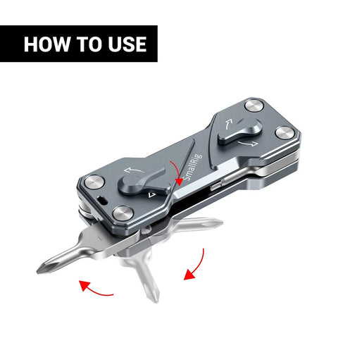 Compact Folding Screwdriver Kit with Seven Tools, showing tool deployment instructions.