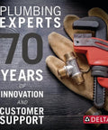 Plumbing Experts celebrating 70 years of innovation and customer support with Delta wrench and gloves.