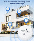 Modern house with multiple Six Pack Water Leak Detectors With 100dB Alarm Battery Operated Water Sensor Alarms for home use shown.