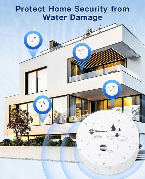 Modern house with multiple Six Pack Water Leak Detectors With 100dB Alarm Battery Operated Water Sensor Alarms for home use shown.