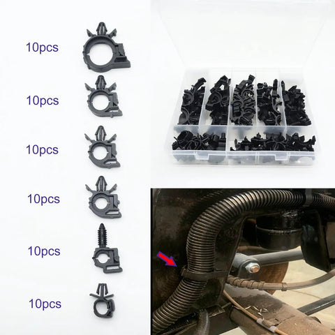 Universal Wire Loom Clips Kit For Cars And Trucks 60 Pieces Replacement Wiring Harness Clips displayed with organized storage