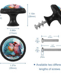 Top Shelf 4 Pack Cute Bird Cabinet Knobs And Drawer Pulls Featuring Slick Crystal Glass Finish And Hella Sturdy Rust Proof Hardware For Kitchen Cupboards Dressers And Wardrobes That Truly Vibe With Your Space, displaying four colorful bird knobs with measurements and screws.