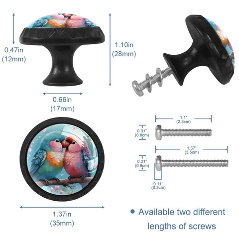 Top Shelf 4 Pack Cute Bird Cabinet Knobs And Drawer Pulls Featuring Slick Crystal Glass Finish And Hella Sturdy Rust Proof Hardware For Kitchen Cupboards Dressers And Wardrobes That Truly Vibe With Your Space, displaying four colorful bird knobs with measurements and screws.