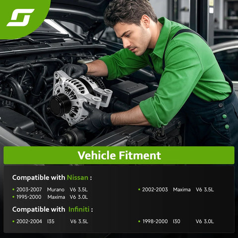 Mechanic installing Alternator Replacement For Murano 03 07 3.5L And Maxima 02 03 3.5L Plus Maxima 95 00 3.0L in engine bay