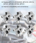 Six BPV-31 bullet piercing refrigerator line tap valves, silver metal, front view, fits 1/4, 5/16, 3/8 in OD pipes