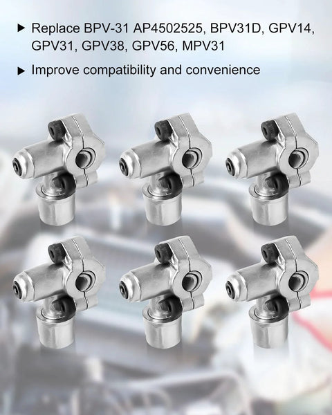 Six BPV-31 bullet piercing refrigerator line tap valves, silver metal, front view, fits 1/4, 5/16, 3/8 in OD pipes