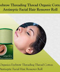 Organic Face And Eyebrow Threading Thread Spool For Hair Removal And Dermaplaning Pro Grade Eyebrow Threading String For Facial Grooming And Eyebrow Makeup Light Green 300m Organica next to a woman undergoing threading.