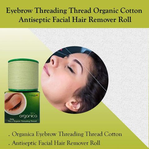 Organic Face And Eyebrow Threading Thread Spool For Hair Removal And Dermaplaning Pro Grade Eyebrow Threading String For Facial Grooming And Eyebrow Makeup Light Green 300m Organica next to a woman undergoing threading.