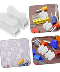 55 Piece Spring Clamp Terminal Blocks And Wire Connectors Kit for LED lighting wiring quick connect push terminals barrier strips. Close-up of connectors and tools on table.