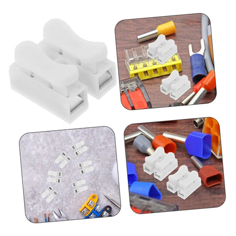 55 Piece Spring Clamp Terminal Blocks And Wire Connectors Kit for LED lighting wiring quick connect push terminals barrier strips. Close-up of connectors and tools on table.