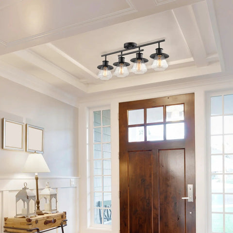 Entrance with 4 Light Track Lighting Kit In Dark Bronze With Clear Glass Bell Shades, Ceiling Light Fixture For Kitchen And Dining Room, LED Bulb Compatible, No Fuss Install, Modern Farmhouse Look
