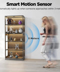Go-To Five Tier Glass Display Cabinet With Dimmable LED Lights And Motion Sensor, espresso wood frame, 3 meters