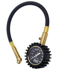 Front view of JACO ElitePro tire pressure gauge with brass fittings and black protective bezel 0-100 psi