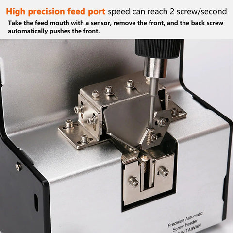 Close-up of Automatic Screw Feeder Machine With Adjustable Orbital Head For M1.0 Through M5.0 Screws, showing precision feed port.