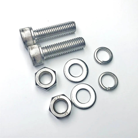 Beefy 304 Stainless Steel M6 Hex Socket Head Cap Screws And Nuts Kit 20 Sets Per Size Built For Indoor And Outdoor Use Tough Corrosion Resistant Fasteners That Are Easy to Tighten And Loosen Great For DIY Projects. M6 screws, nuts, and washers laid out
