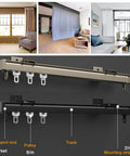 Heavy Duty Silent Sliding Barn Door Track Kit With Quality Rollers; showcasing aluminum rails for living room and bedroom use.
