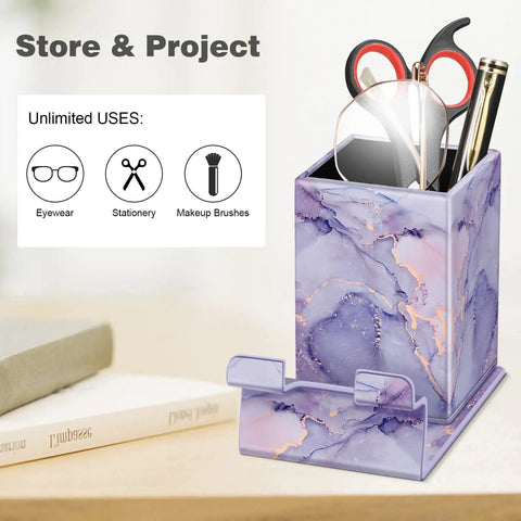 Pencil Holder With Phone Stand And Eyeglasses Organizer Desktop Desk Or Nightstand Organizer In Lilac Marble on desk