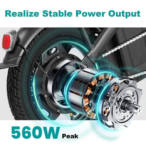 Close-up of 560W motor on Foldable Electric Bike For Adults And Teens, City Commuter Ebike with 24 MPH Top Speed