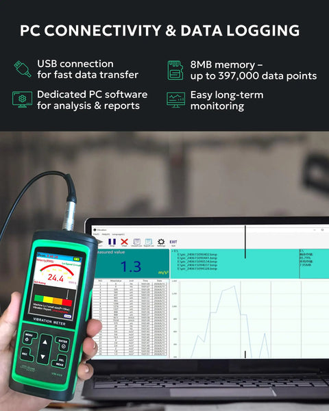 Pro Grade Vibration Analyzer VM 428 With External Sensor And PC Software For Motors Pumps Turbines And Machinery Five Parameter Diagnostics ISO Rating 0.1 To 300 Meters Per Second Squared Acceleration 1 To 850 Millimeters Per Second Velocity 30 Hz To 14 USB-connected handheld vibration meter with laptop data logging