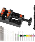 32 Piece Pin Vise Hand Drill Set For Jewelry Making And Mini Crafting Kit With 0.8 To 3.0 mm Twist Drill Bits displayed with carving clamp