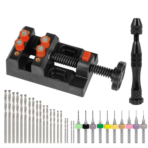 32 Piece Pin Vise Hand Drill Set For Jewelry Making And Mini Crafting Kit With 0.8 To 3.0 mm Twist Drill Bits displayed with carving clamp