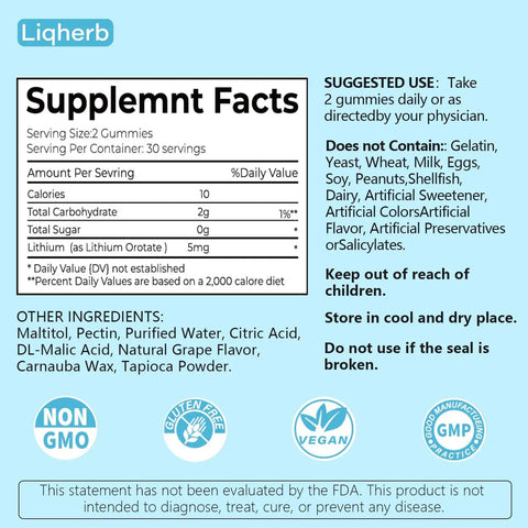 Supplement facts label for Lithium Orotate 5mg Gummies For Mood Support And Stress Management Vegan Sugar Free Non GMO Gluten Free Grape Flavor 60 Count Easy To Take Mood Boost For Calm Focus And Everyday Balance.