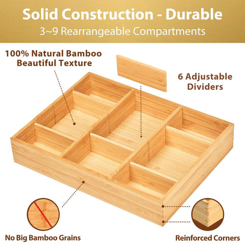 Bamboo Desk Drawer Organizer With Adjustable Dividers For Office And Vanity Anti Slip Storage Tray Keeps Pens Makeup And Small Tools Neat 12 By 9 Inches showing 6 dividers, bamboo texture, and reinforced corners.