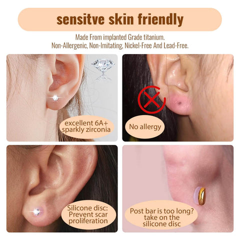 Dope Gold Plated Titanium Flat Back Piercing Set for Women and Men, 20G 18G 16G Threadless Cartilage Earrings With CZ Stones shown in ears.