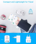 Front view of a white European travel plug adapter with two outlets and three USB ports