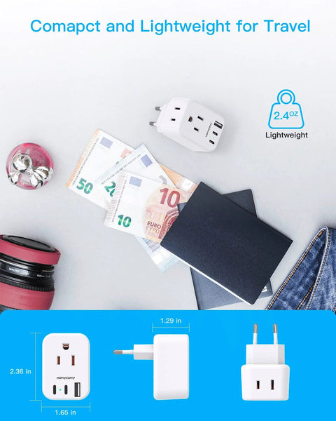 Front view of a white European travel plug adapter with two outlets and three USB ports