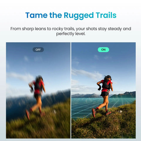 Wearable 4K Action Camera With Cap Mount, built-in stabilization demo, showing clear video on rugged trails with runner comparison.