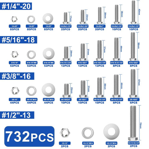 Heavy Duty Stainless Steel Hex Bolts And Nuts Kit In A Handy Portable Box, 16 Sizes From 1/4-20 To 1/2-13, 732 Pcs