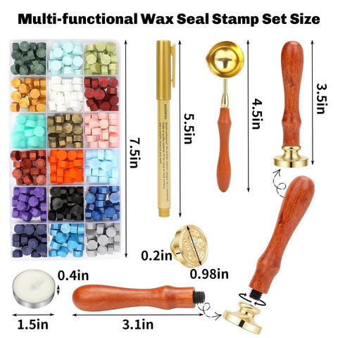 M Wax Seal Stamp Kit Beginner Friendly All In One Set With Copper M Stamp 360 Wax Beads In 18 Colors, wood handle, melting spoon, and pen