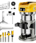 Killer Torque Cordless Compact Router With Brushless Motor Churning Out 30000 Rpm For Flawless Edge Trimming And Precise Routing Tasks Bare Tool and accessories laid out.
