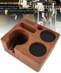 Solid Built 58mm Wooden Coffee Tamper Station With Adjustable Portafilter Holder And Catch Pan, close-up view showcasing slots and holders.