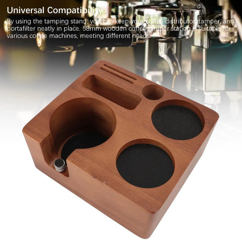 Solid Built 58mm Wooden Coffee Tamper Station With Adjustable Portafilter Holder And Catch Pan, close-up view showcasing slots and holders.