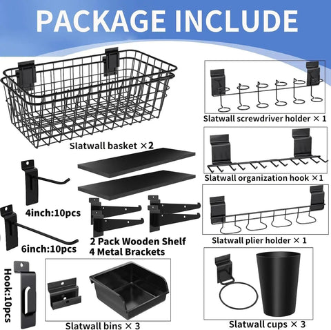 43 Piece Slat Wall Organizer Kit With Hooks, Shelves, Bins, Baskets, Cups, And Screwdriver Holders Black Storage System