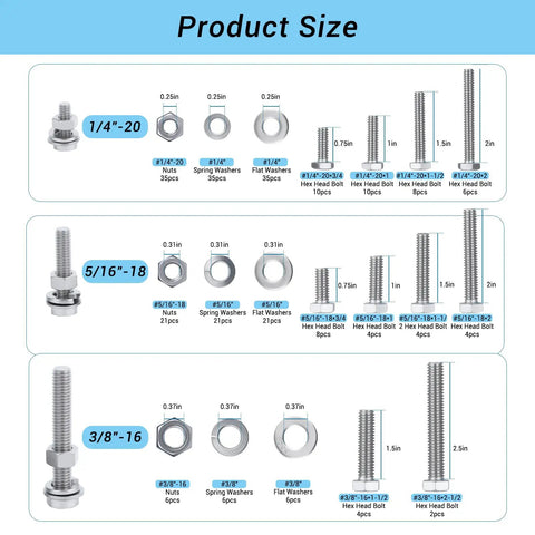 Product size chart for Kickstart Every Job With This Dang Tough 304 Stainless Steel Hex Bolt And Nut Assortment Kit.