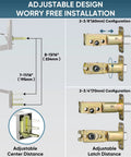 Heavy Duty Double Front Door Handle Set With Square Lever And Single Cylinder Deadbolt For Side By Side Exterior Doors, Satin Nickel Finish, adjustable design diagram showing measurements and latch configurations.