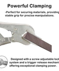 10 Inch Locking Sheet Metal Tool With Adjustable Opening Nickel Plated Pliers clamping a metal sheet, detailed view.