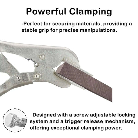 10 Inch Locking Sheet Metal Tool With Adjustable Opening Nickel Plated Pliers clamping a metal sheet, detailed view.