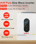 12,000W Hybrid Solar Inverter For Home And RV, 48V DC To 120V/240V AC Pure Sine Wave, Dual MPPT Solar Charging shown on display