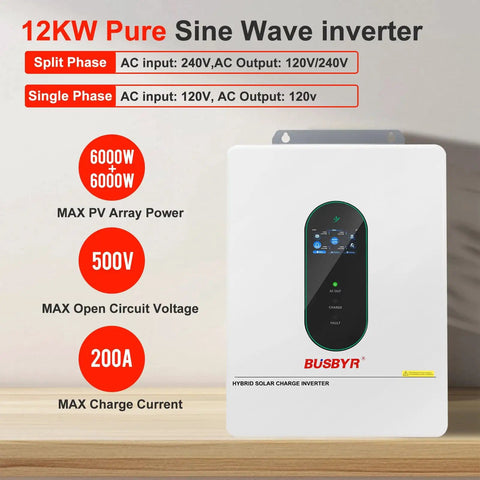 12,000W Hybrid Solar Inverter For Home And RV, 48V DC To 120V/240V AC Pure Sine Wave, Dual MPPT Solar Charging shown on display