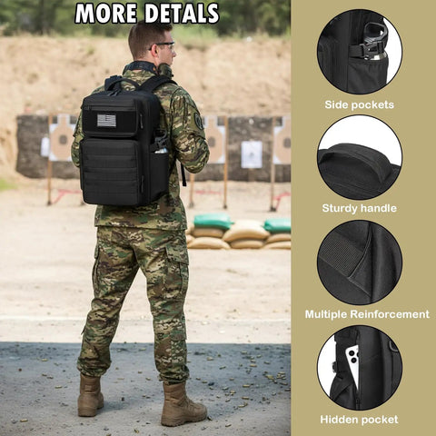 Man in camouflage with Rugged Military Tactical Backpack For Men With MOLLE Webbing, Water Bottle Holder, Heavy Duty Outdoor Daypack.