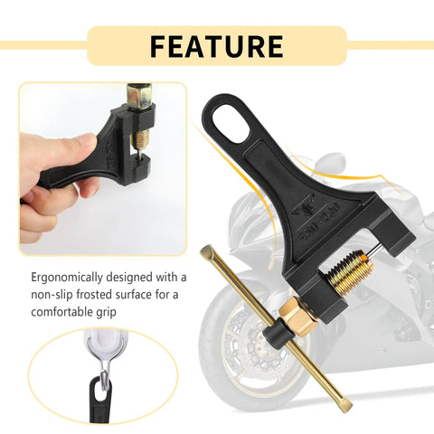 Upgraded Motorcycle Chain Breaker Tool Set With Replacement Thimble For 420 428 520 525 528 530 Chains shown in hand and close-up