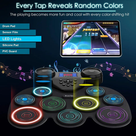 Nine Pad Electric Drum Set With 7 Color LED Lights Bluetooth MIDI Support Extra Thick Pads For Dope Rebound display with tablet