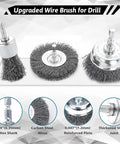 Budget Friendly 21 Piece Wire Brush Drill Set with Abrasive Wheels Cups and End Brushes for Quarter Inch Hex Shank Coarse Crimped Carbon Steel Attachments for Deburring Rust Removal Surface Prep and DIY Home Projects showing 3 brush types.