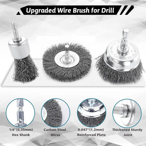 Budget Friendly 21 Piece Wire Brush Drill Set with Abrasive Wheels Cups and End Brushes for Quarter Inch Hex Shank Coarse Crimped Carbon Steel Attachments for Deburring Rust Removal Surface Prep and DIY Home Projects showing 3 brush types.